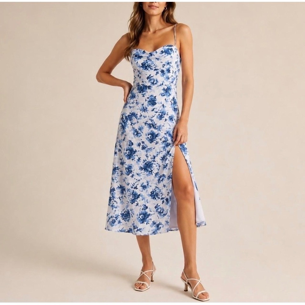 Abercrombie & Fitch Blue White Floral Midi Dress Side Slit XSP Sweetheart Neck